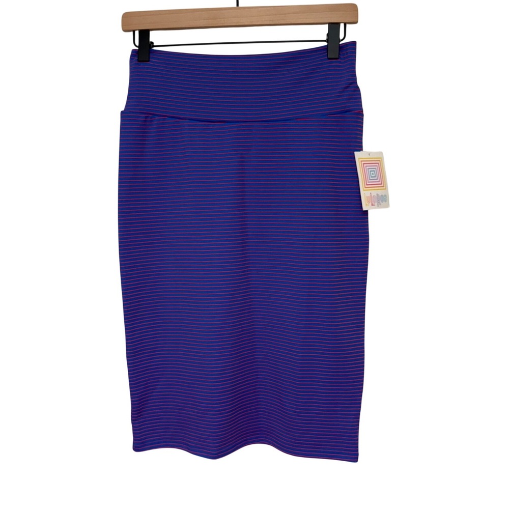 Lularoe Cassie Skirt Women's Size S Blue Red Stripe Knit Pencil Career New